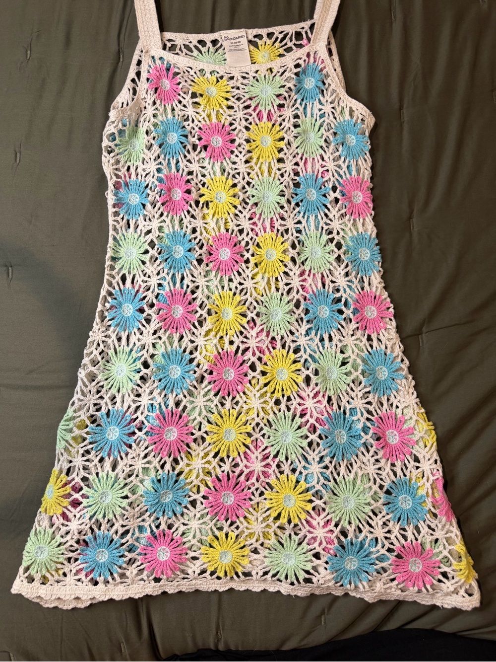 No Boundaries Cream Crochet Dress with Pink, Blue, Yellow & Mint Daisy Accents